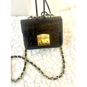 Valentino Black Croc Embossed Leather with Gold Pinch Clasp Crossbody Mini Bag